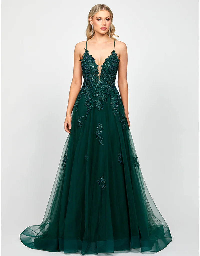 bariano emerald green dress Alie Ball Gown by Asymmetric gown Size:Petite Medium PROMO::OFFICE-READY Stacees Sparkly Spaghetti Straps