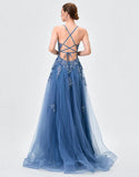 Morgany Plunging ball Gown - Blue Grey