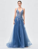 Morgany Plunging ball Gown - Blue Grey