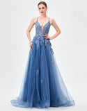 Morgany Plunging ball Gown - Blue Grey