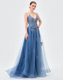 Morgany Plunging ball Gown - Blue Grey